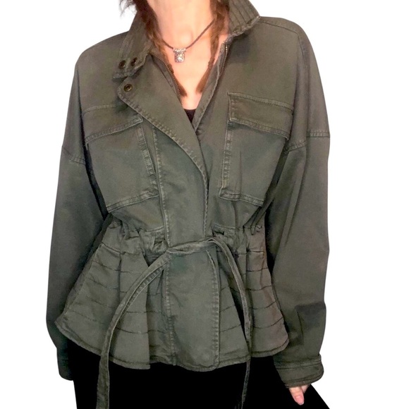 Gap Short Trench Coat Jacket Sz S Army Green Utility Tie Waist Casual Grunge - Picture 2 of 9